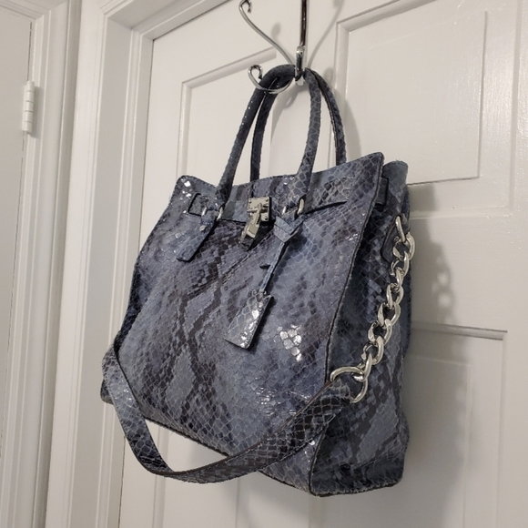 Michael Kors Python-Print Hamilton Blue Leather Tote/Shoulder Bag - Picture 2 of 10